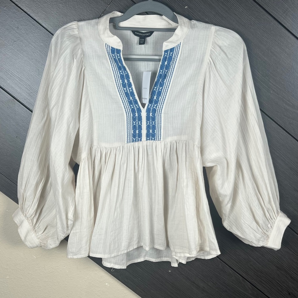 Banana Republic Women Peasant Blouse Embroidered‎ XXS Cream Boho NWT